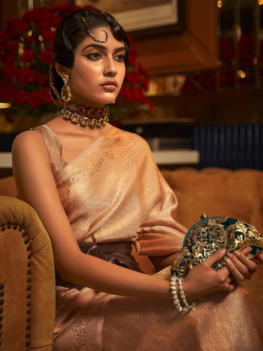 Champagne  kanjivaram Soft Silk Saree With Blouse