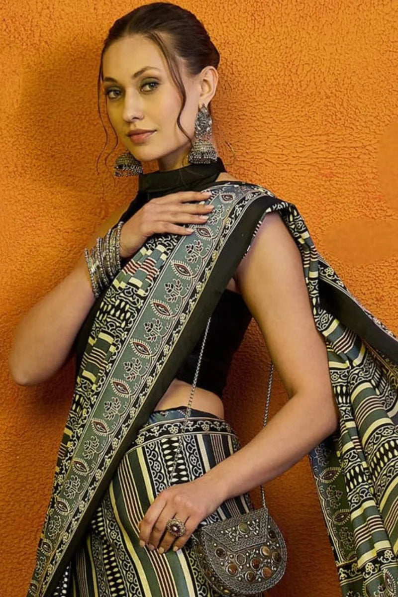 Gray Black Printed Ajrakh Satin Crepe Saree A2