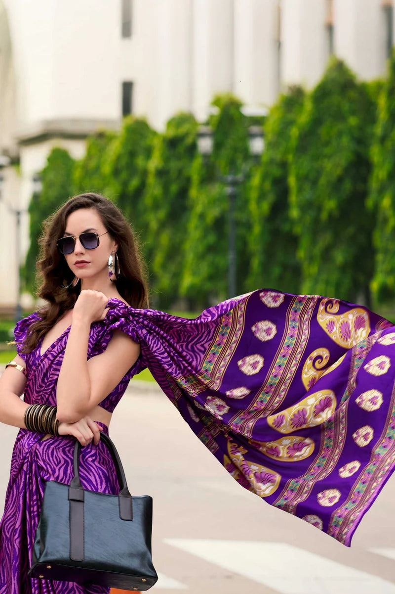 Purple Fancy Printed Satin Modal Silk Sarees R2