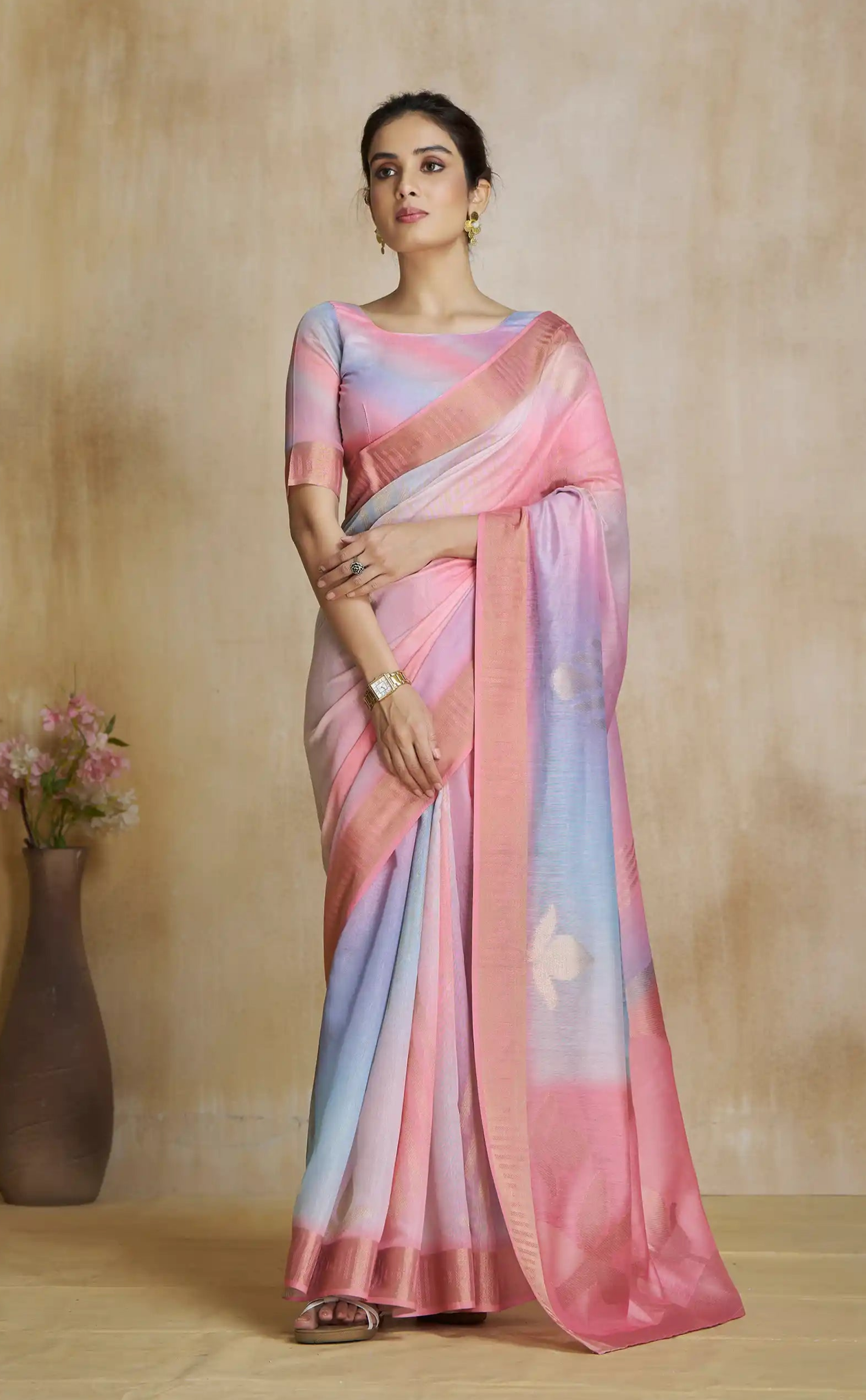 Curated Pink Digital Printed Silk Saree