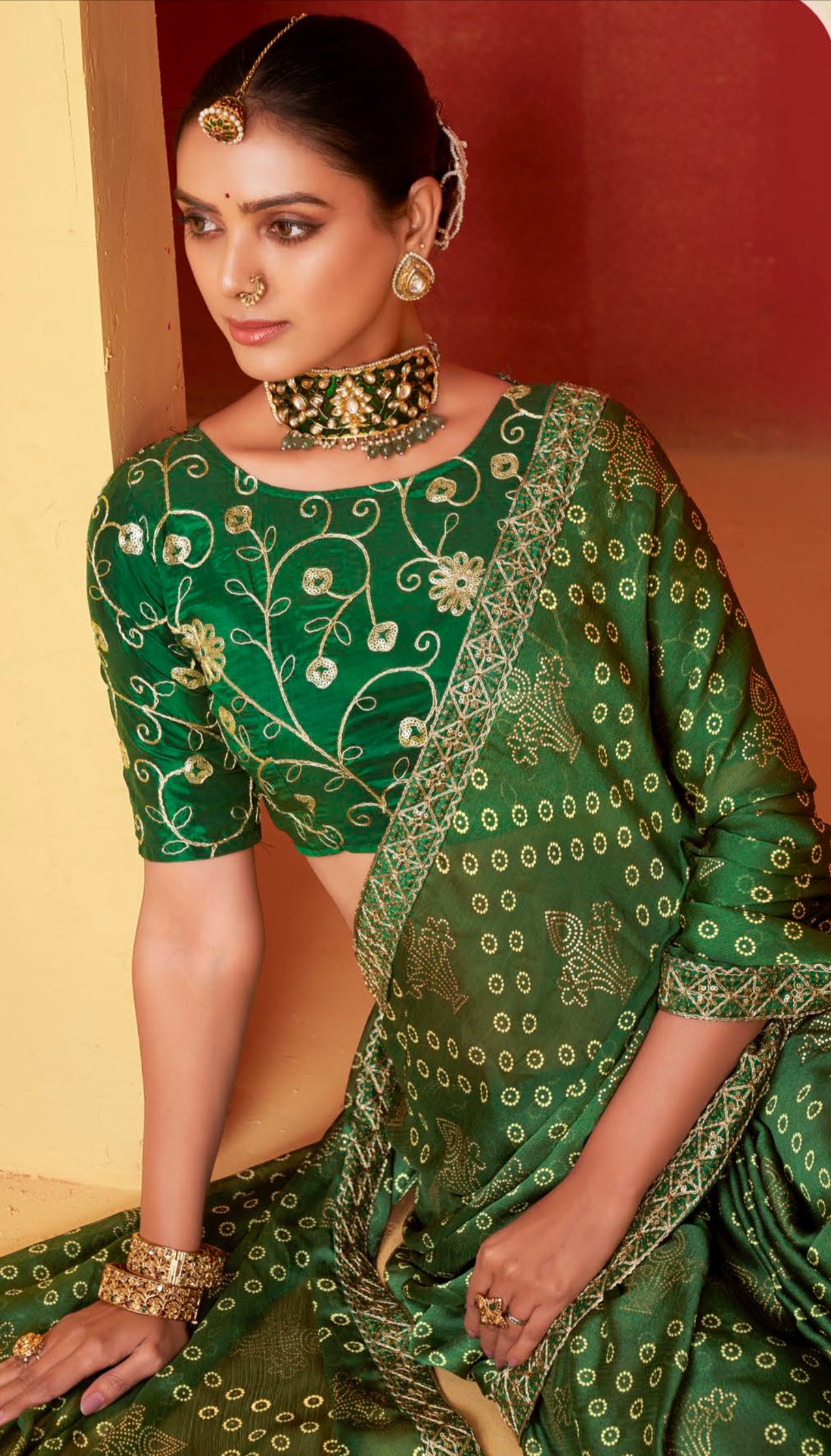 Green Moss Chiffon Foil Mill Print And Embroidery Work Border Saree With Fancy Work Blouse Sbs4