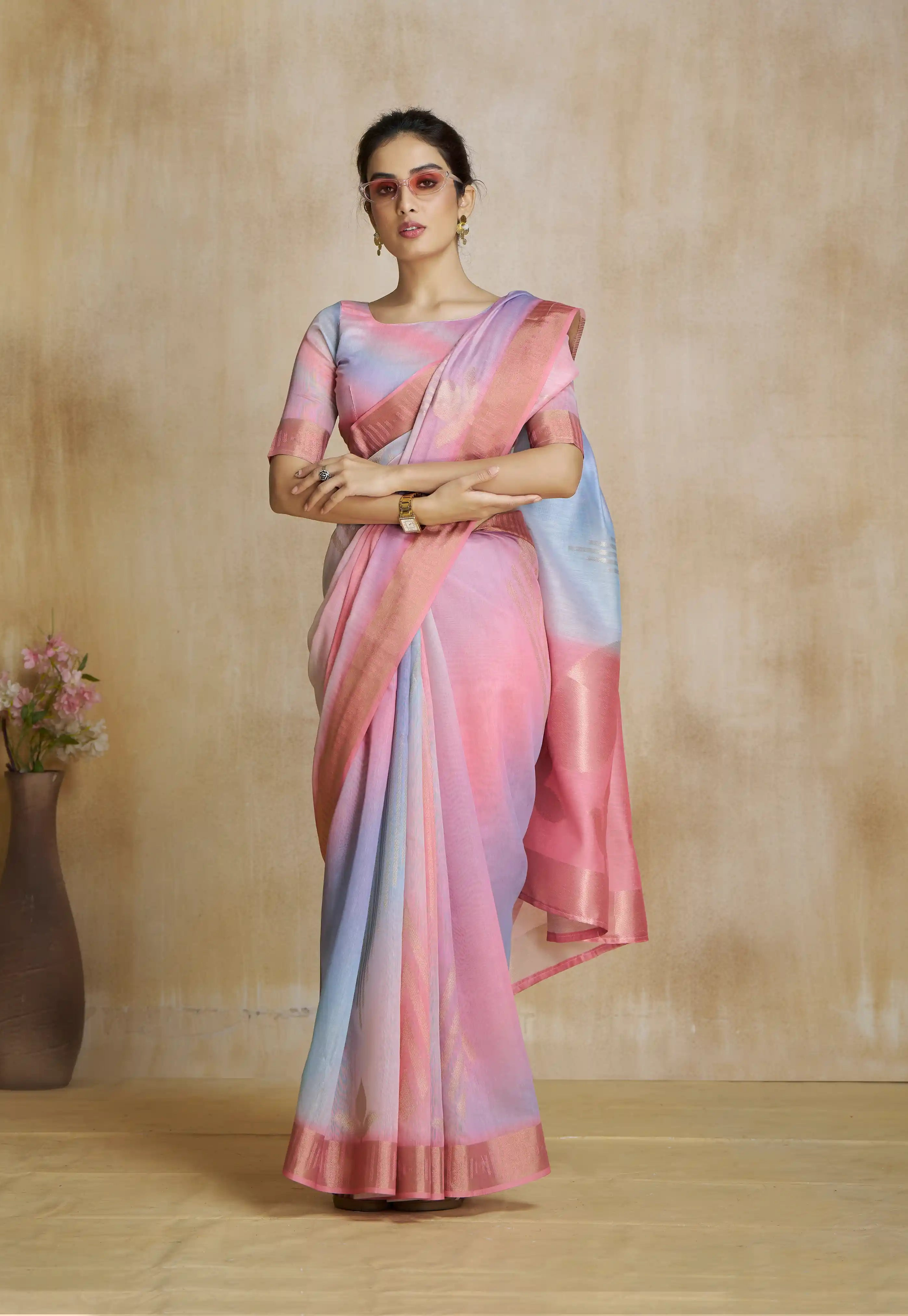 Curated Pink Digital Printed Silk Saree