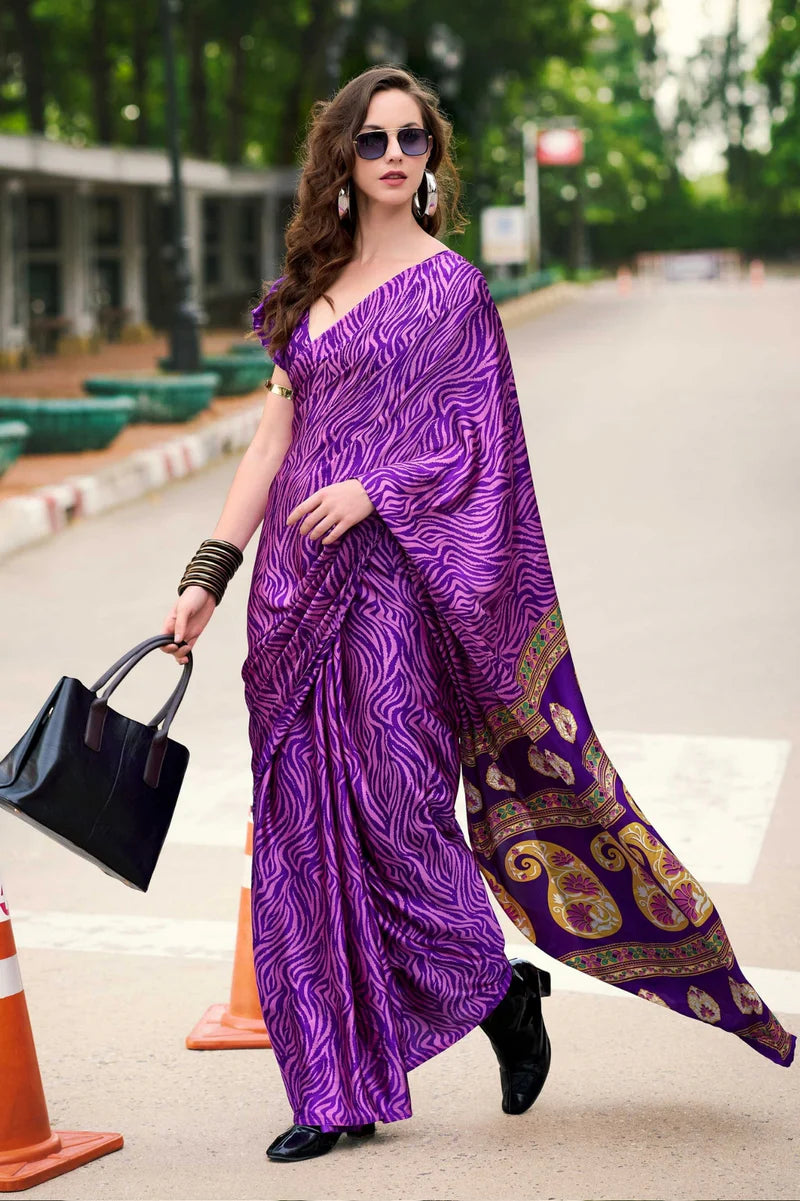 Purple Fancy Printed Satin Modal Silk Sarees R2