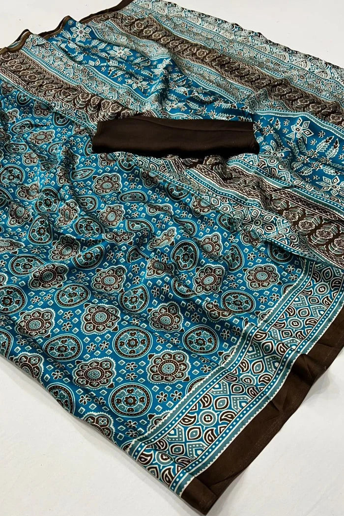 Greenish Blue Printed Ajrakh Satin Crepe Saree A2