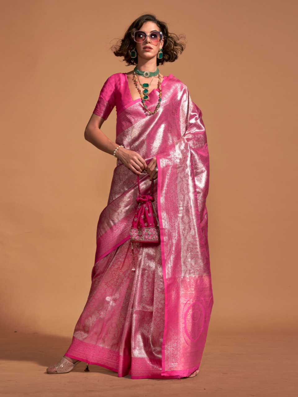 Shiny Pink Woven Kanjivaram Soft Silk Saree