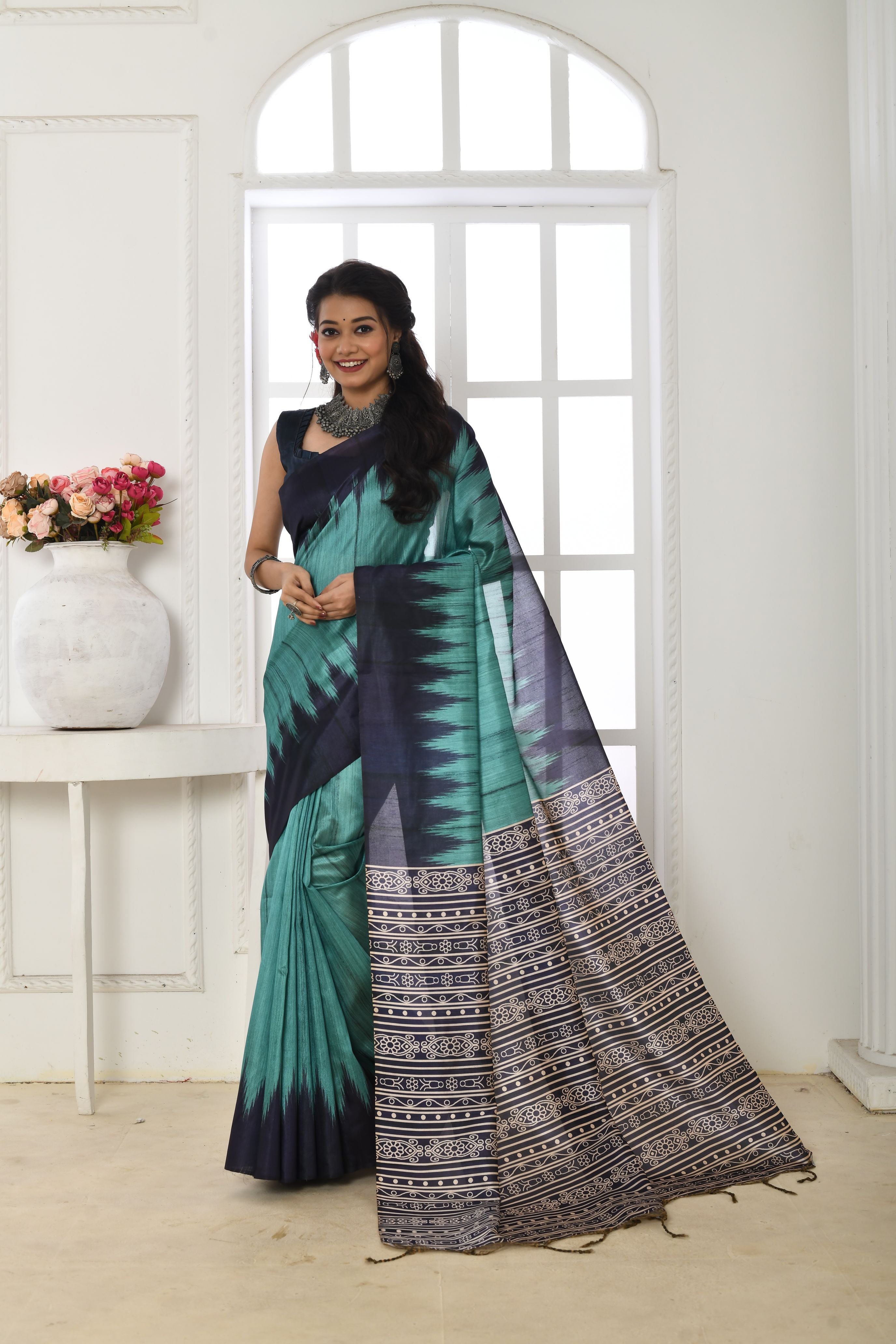 Arctic Blue Handloom Tussar Soft Silk Saree With Blouse