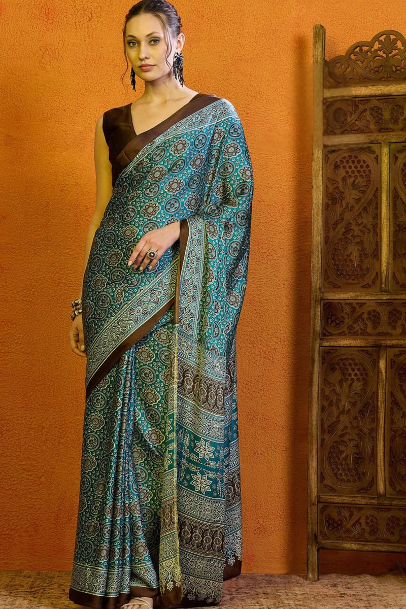 Greenish Blue Printed Ajrakh Satin Crepe Saree A2