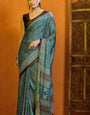 Greenish Blue Printed Ajrakh Satin Crepe Saree A2