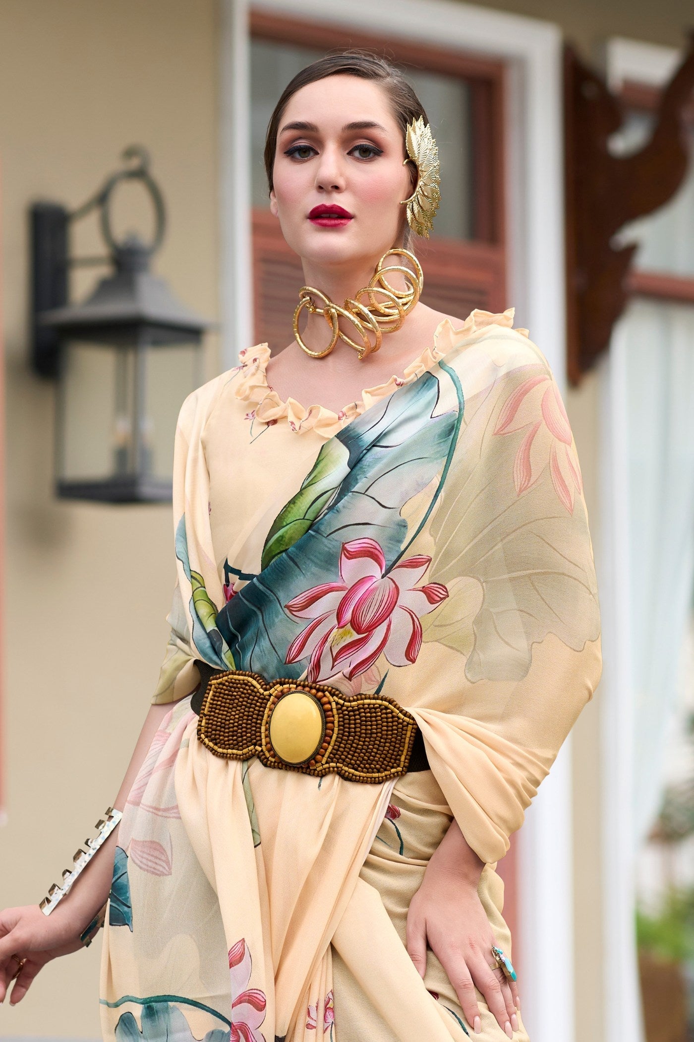 Cream Pure Georgette Floral Printed Trending Saree