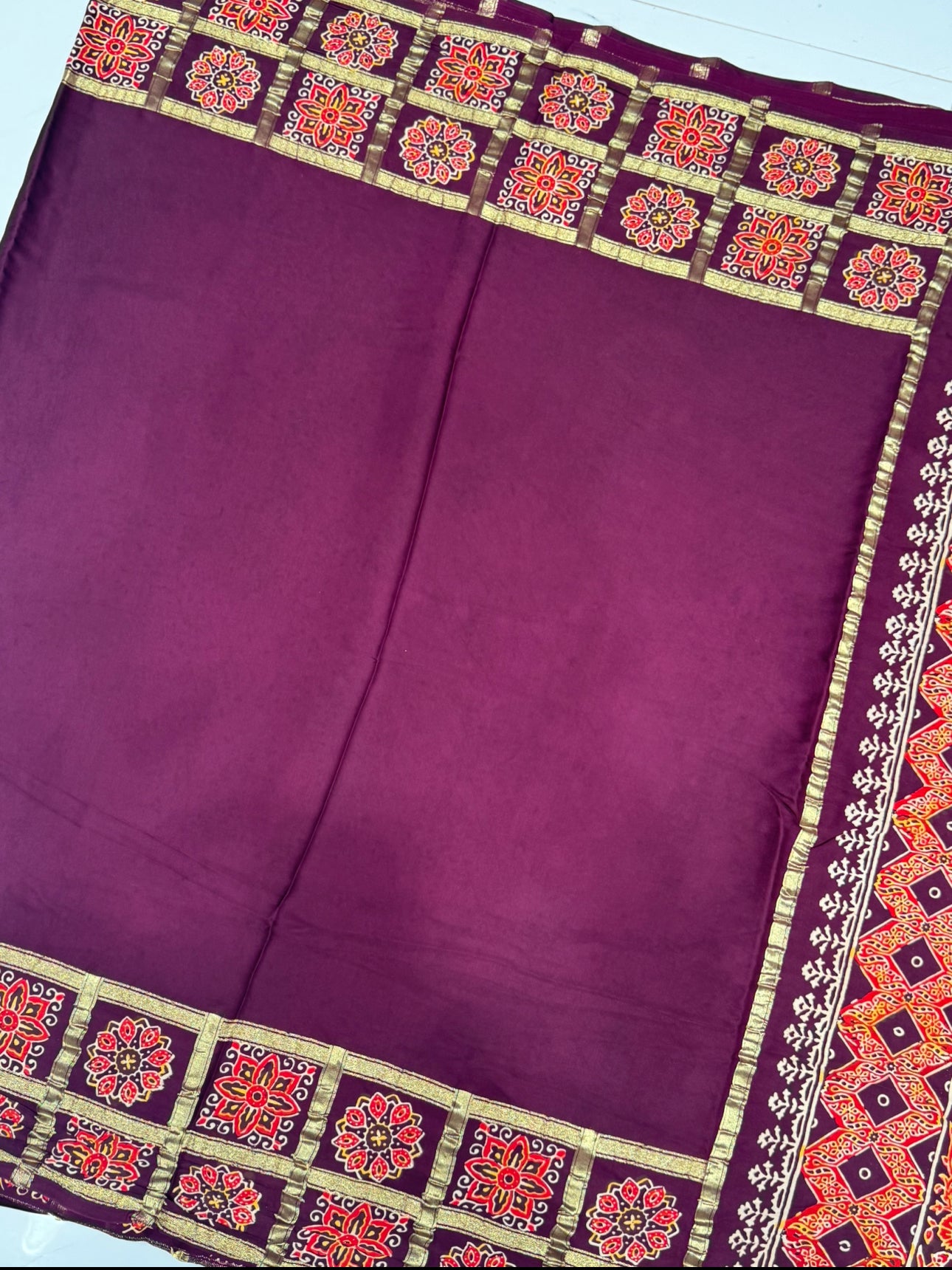 Dark Wine Ajrakh Gharchola Border Hand Block Pure Modal Silk Saree With Fancy Ajrakh And Zari Pallu