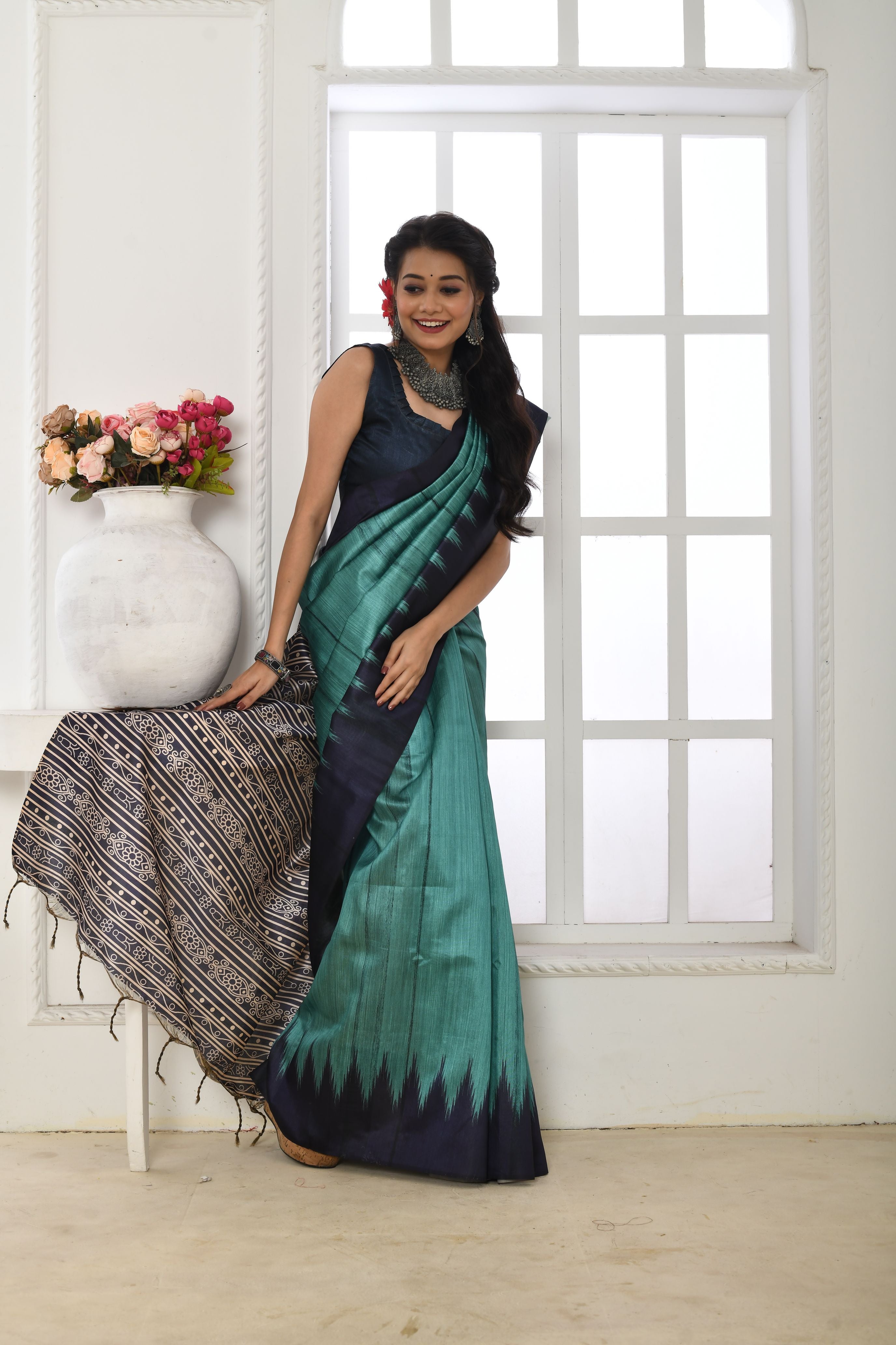 Arctic Blue Handloom Tussar Soft Silk Saree With Blouse