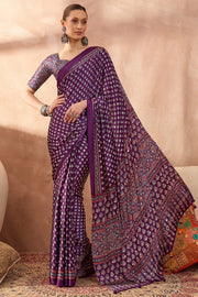 Grepe Purple Premium Modal Ajrakh Satin Saree With Artistic Buti & Mirror Work