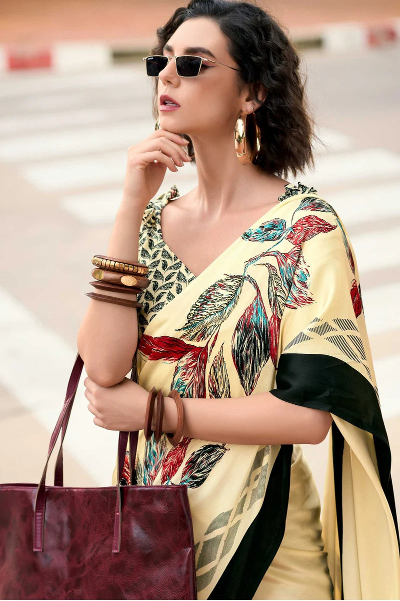 Cream Fancy Printed Satin Modal Silk Sarees R2