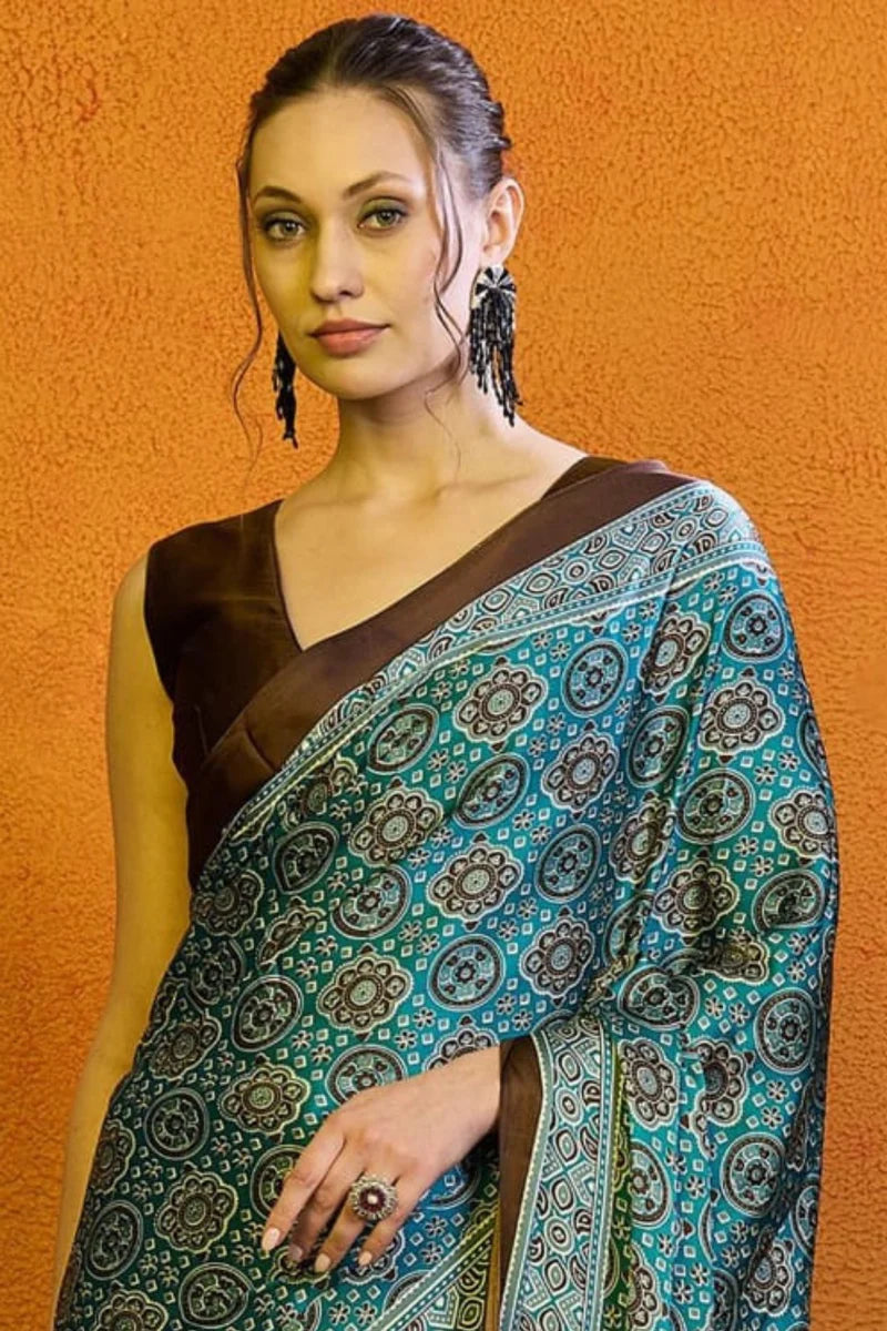 Greenish Blue Printed Ajrakh Satin Crepe Saree A2