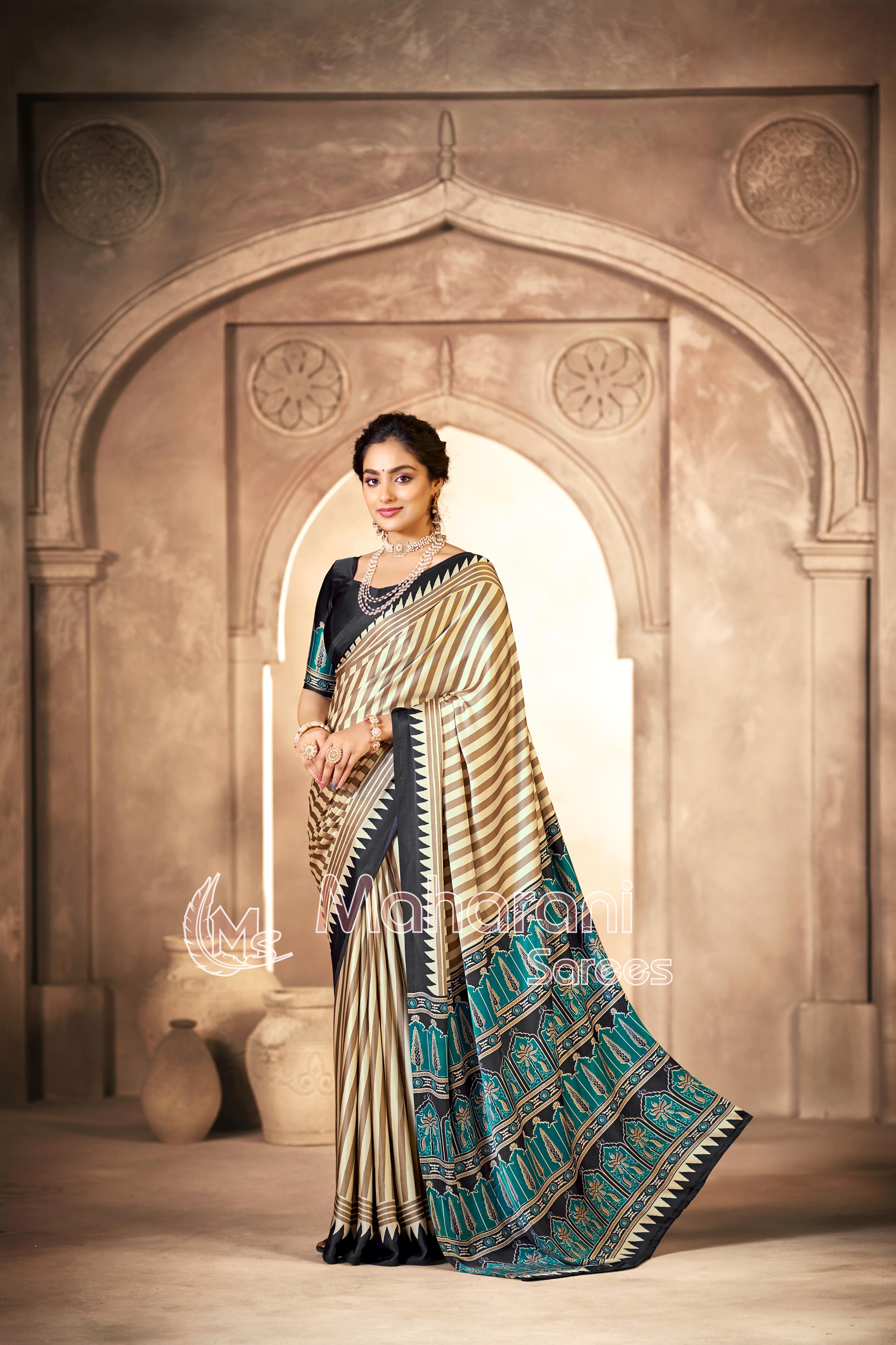 Cream With Black Border Ajrakh Hand-Printed Modal Silk Saree