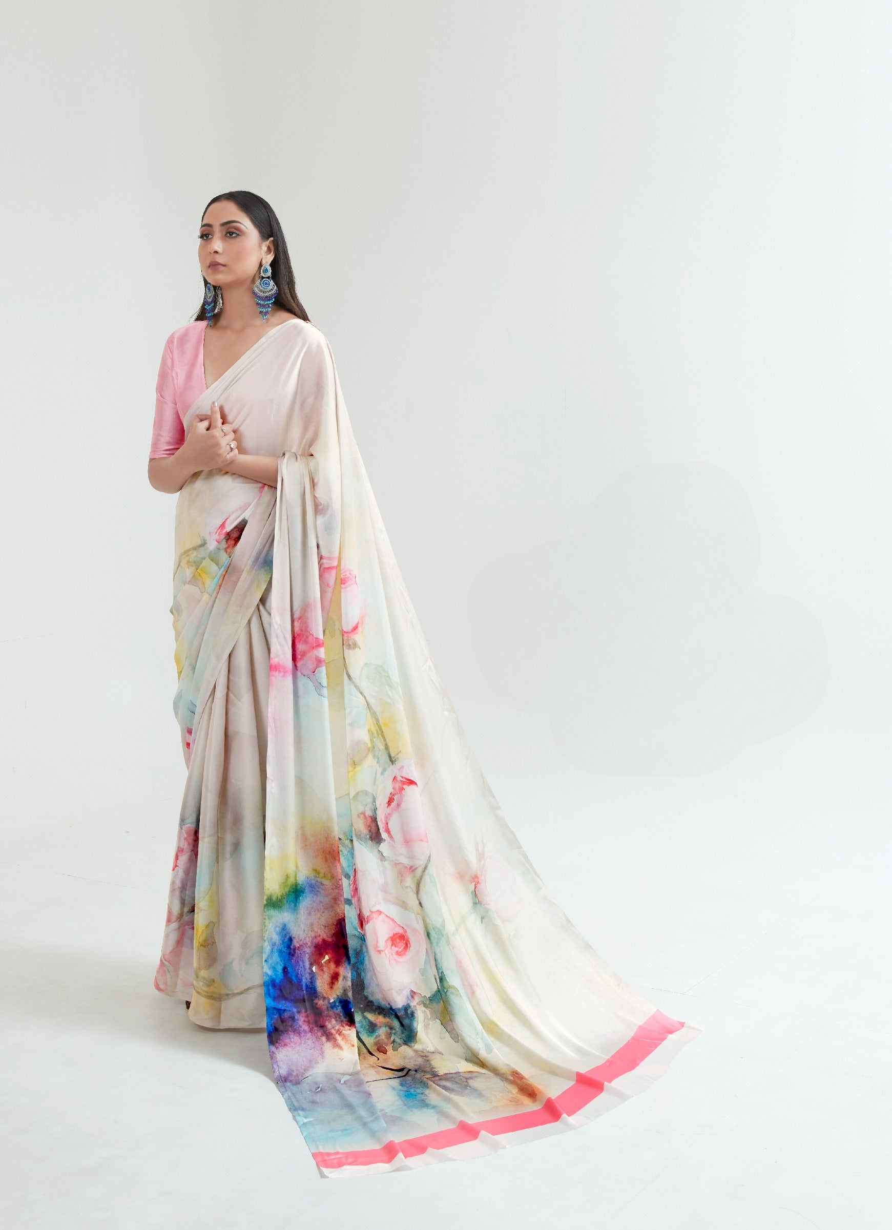 Off White Satin Digital Print Saree