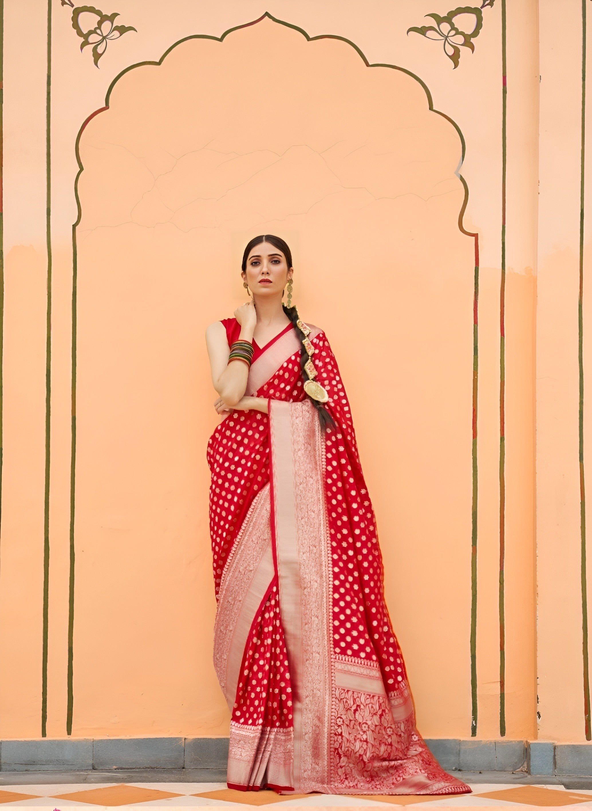 Rose Red Zari Woven Banarasi Silk Saree