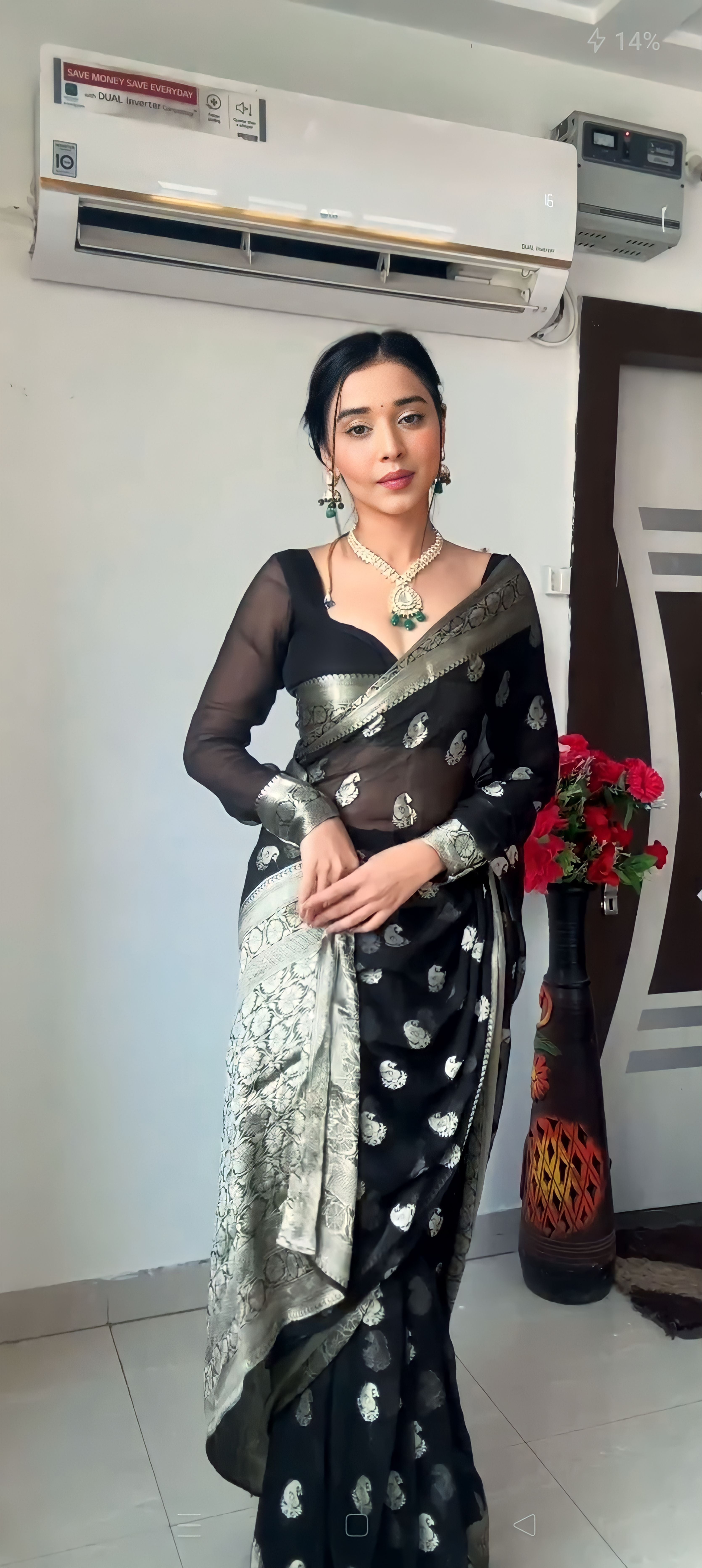 Pretty 1-Minute Ready To Wear Black Cotton Silk Saree