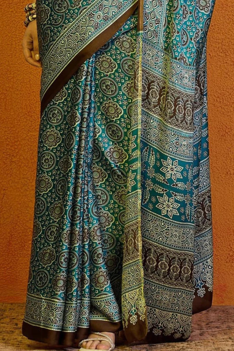 Greenish Blue Printed Ajrakh Satin Crepe Saree A2