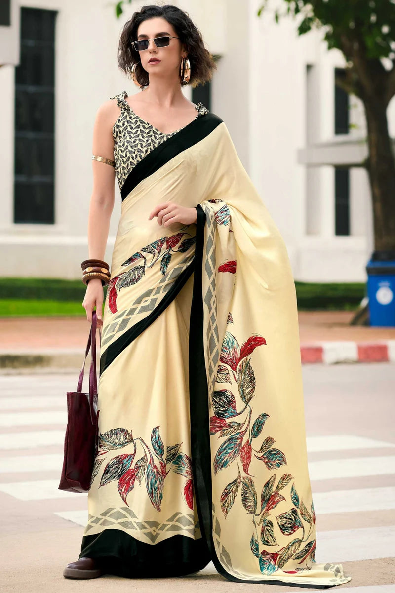 Cream Fancy Printed Satin Modal Silk Sarees R2