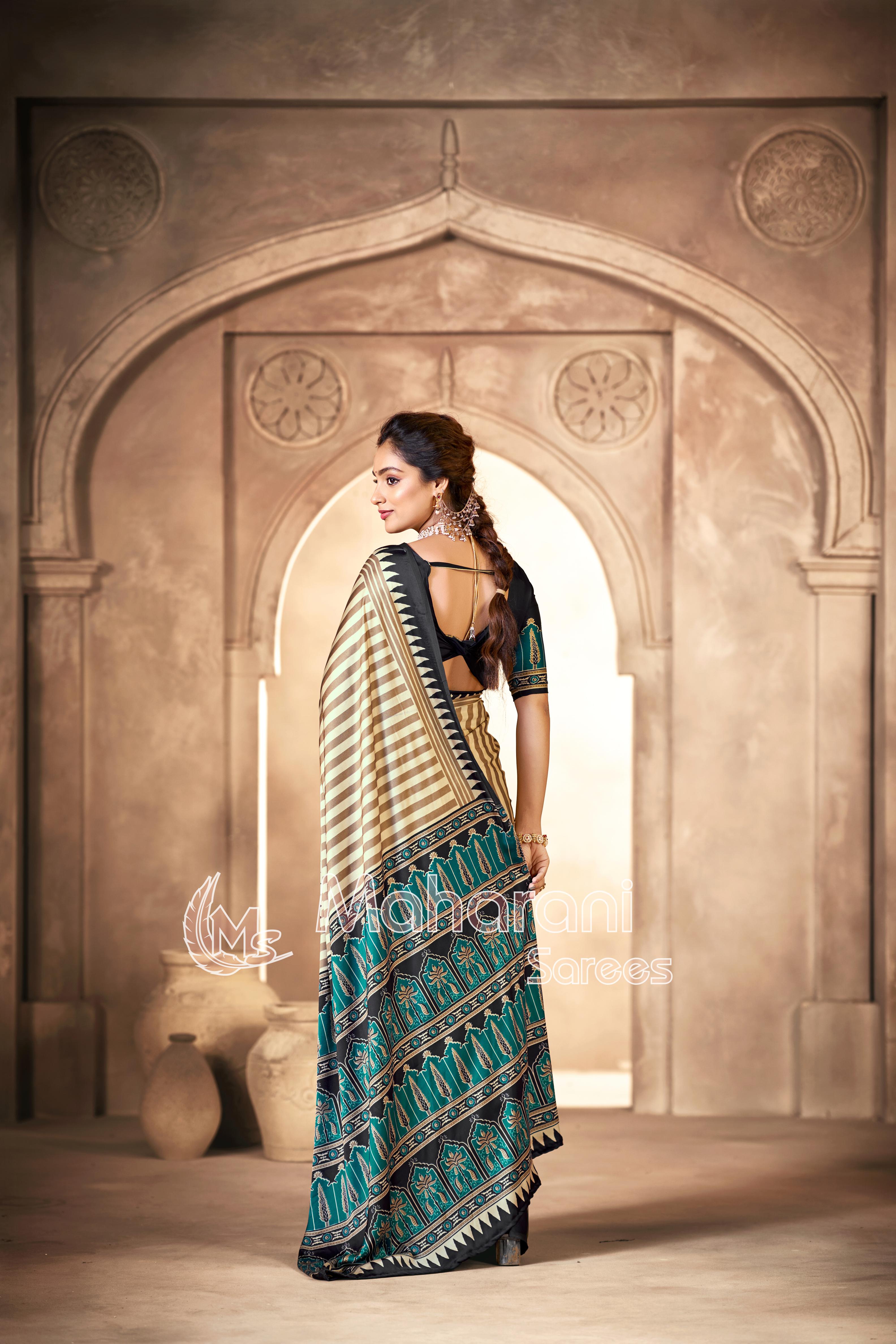 Cream With Black Border Ajrakh Hand-Printed Modal Silk Saree