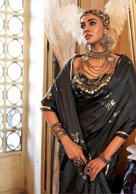 Pure Black Banarasi Satin Soft Silk Saree