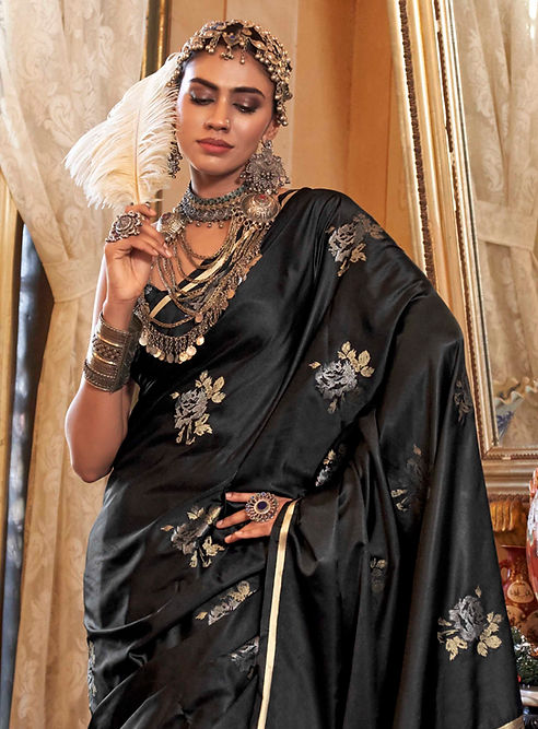 Pure Black Banarasi Satin Soft Silk Saree