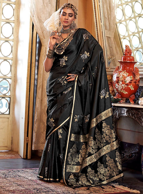 Pure Black Banarasi Satin Soft Silk Saree