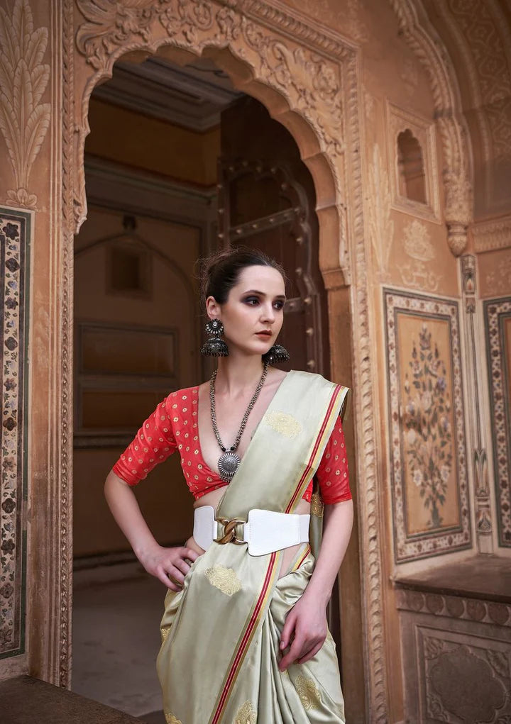 Cream Satin Silk Saree With Tassels