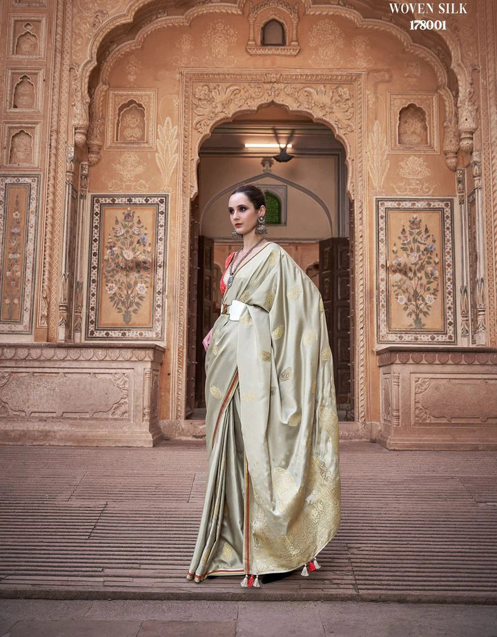 Cream Satin Silk Saree With Tassels