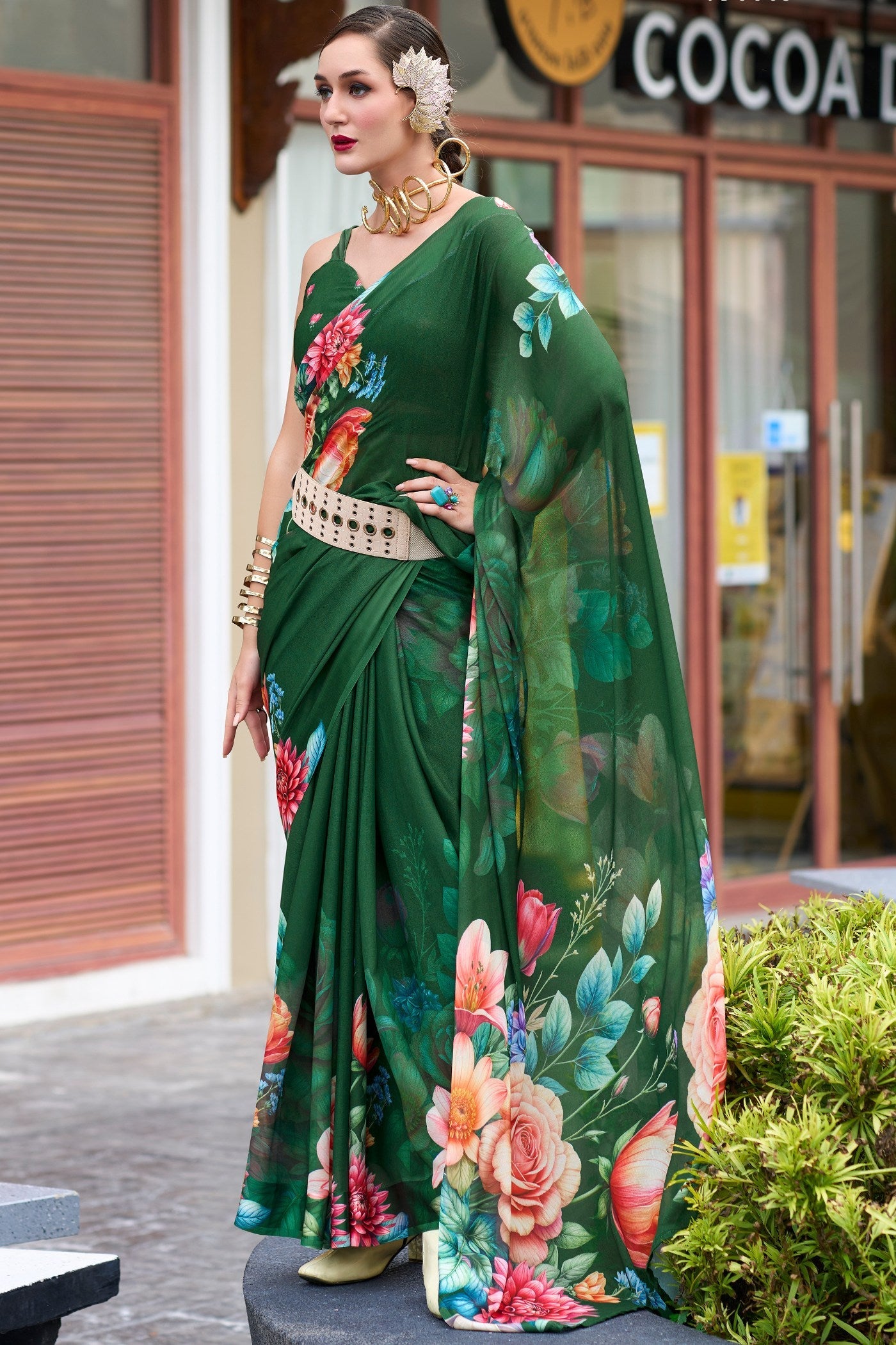 Green Pure Georgette Floral Printed Trending Saree