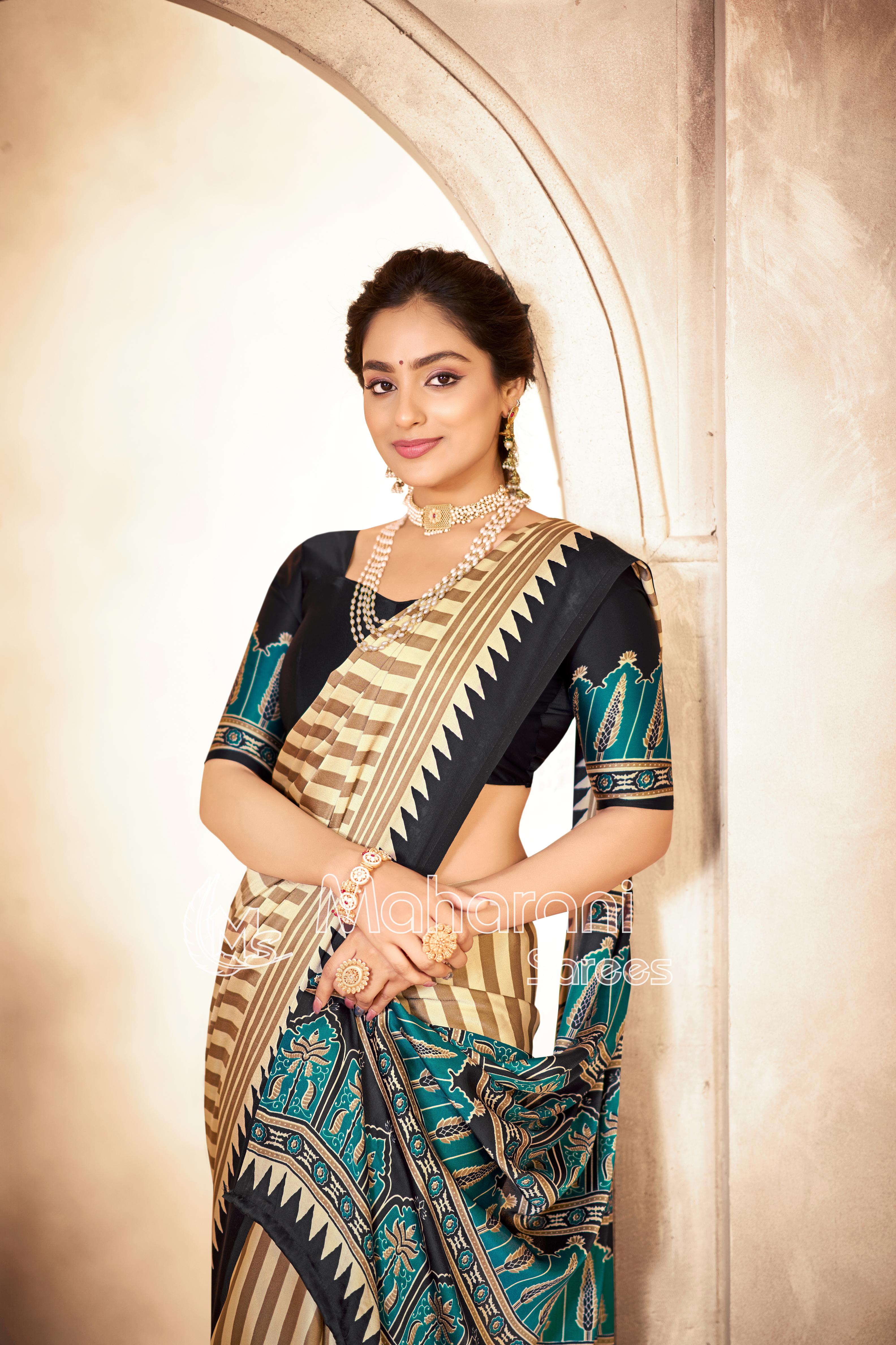 Cream With Black Border Ajrakh Hand-Printed Modal Silk Saree