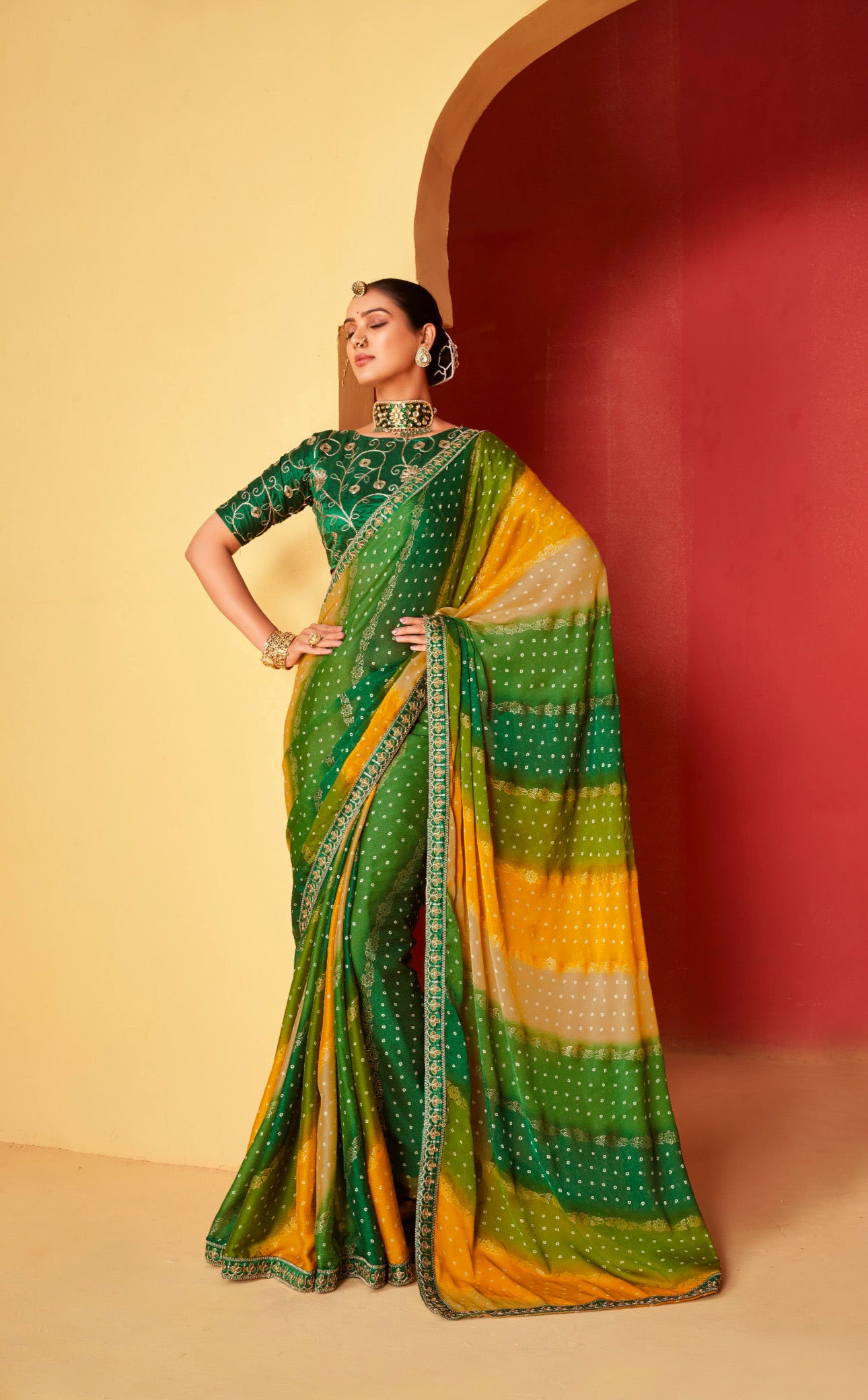 Multi Color Leriya Moss Chiffon Foil Mill Print And Embroidery Work Border Saree With Fancy Work Blouse Sbs4