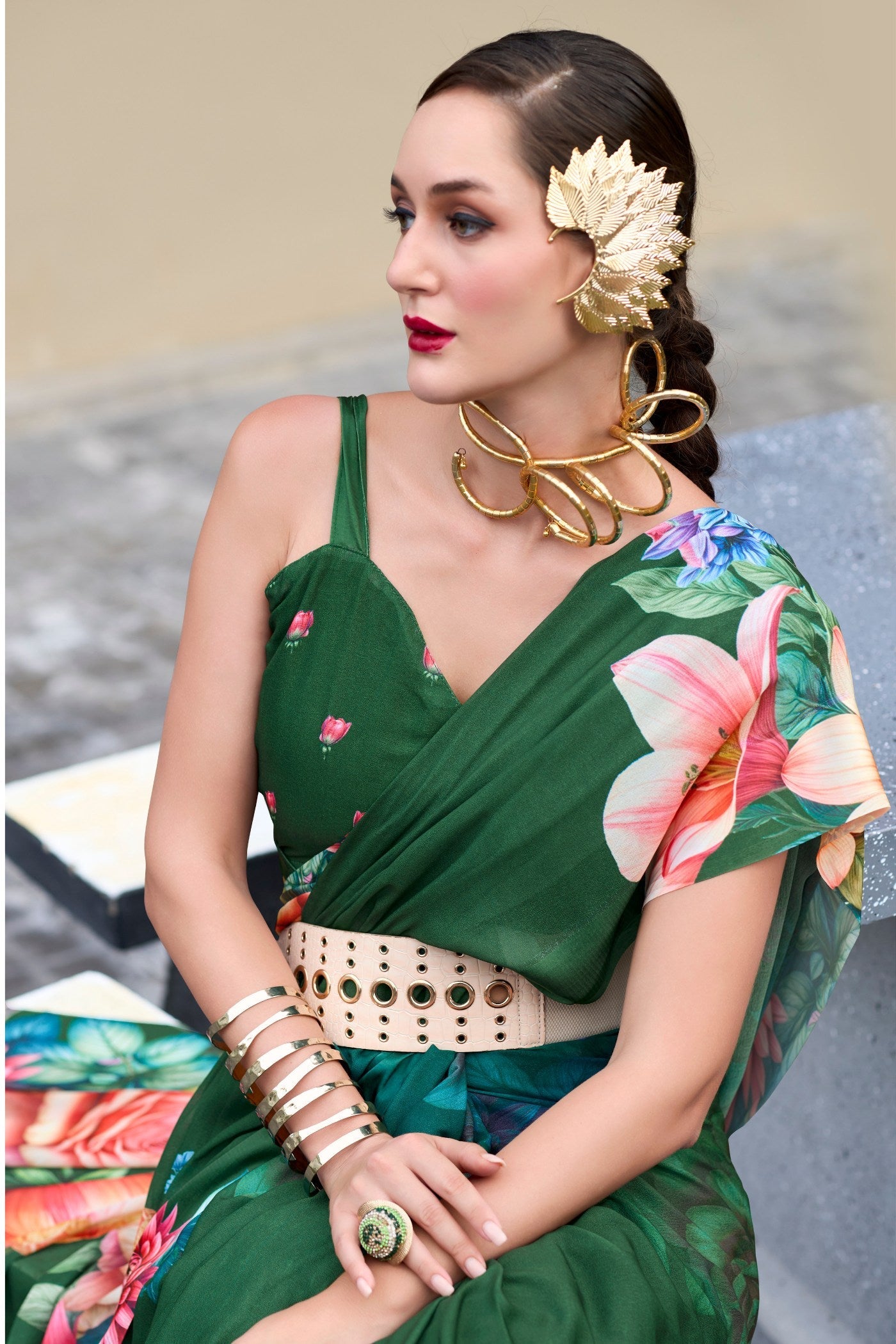 Green Pure Georgette Floral Printed Trending Saree