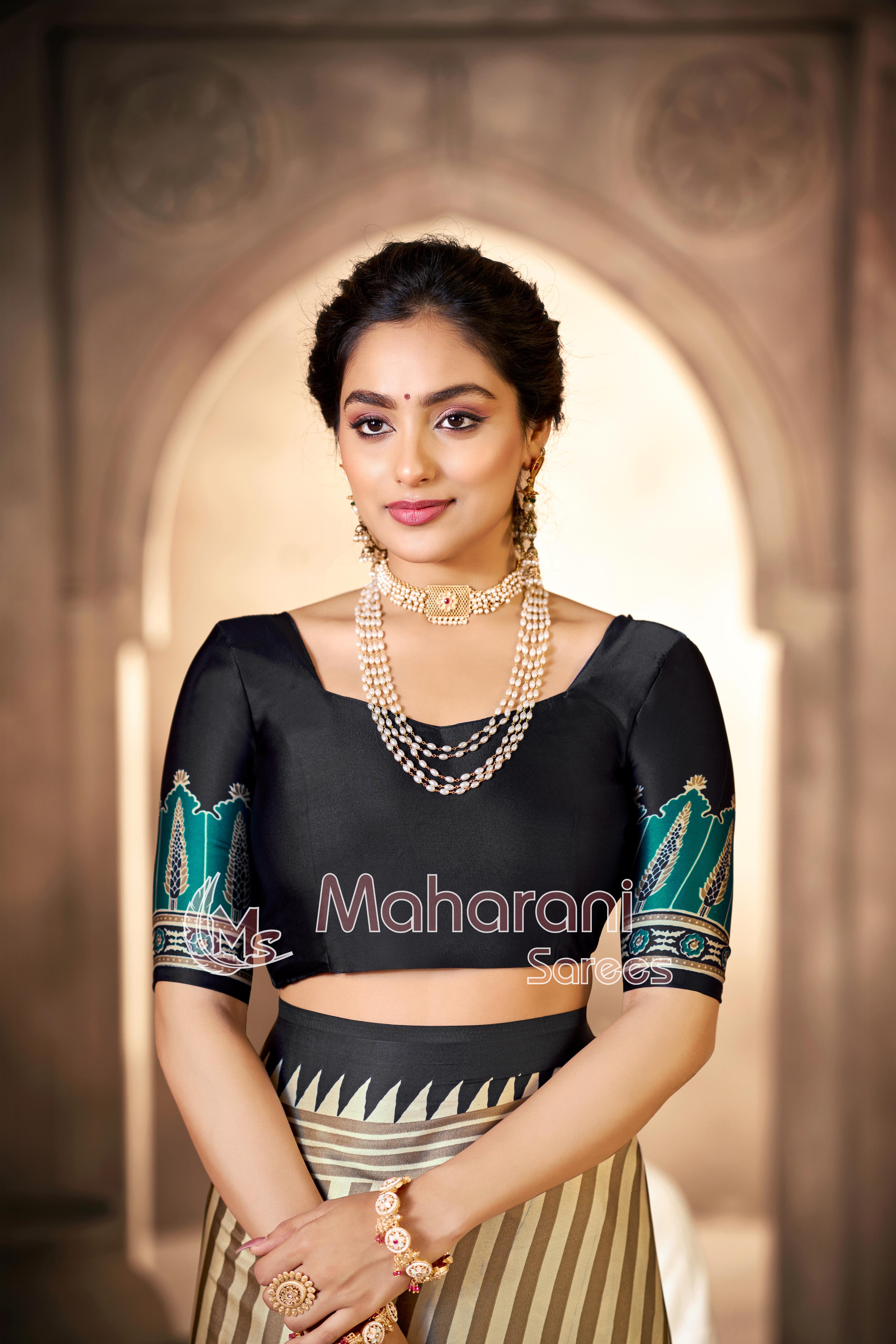 Cream With Black Border Ajrakh Hand-Printed Modal Silk Saree