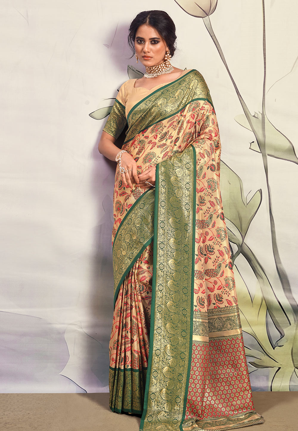 Inviting Cream & Green Pure Silk Saree