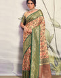 Inviting Cream & Green Pure Silk Saree