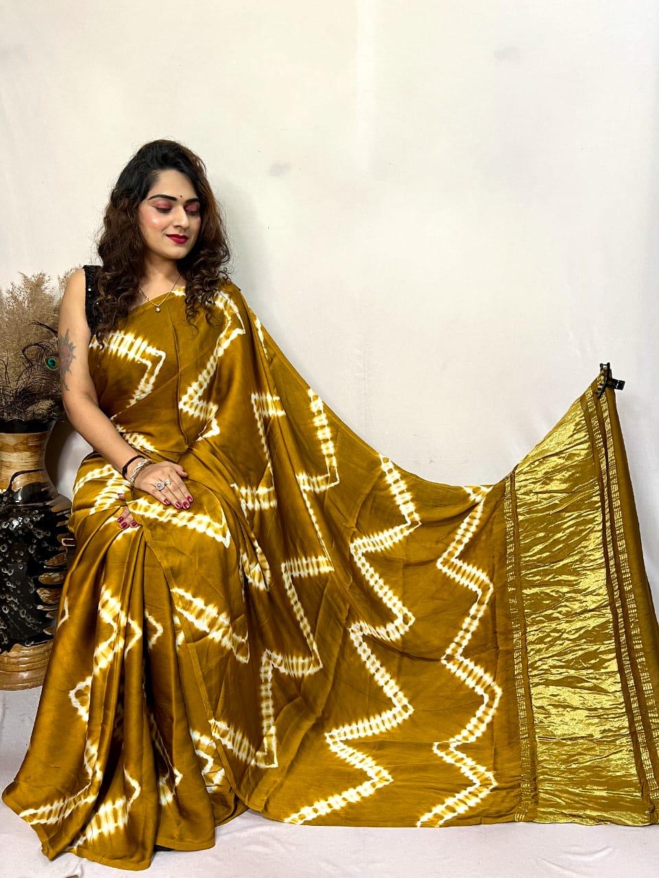 Musterd Leriya Modal Silk Zari Pallu Saree And Tie Dye Ajrakh