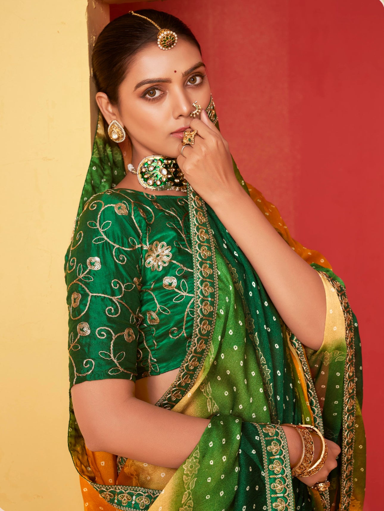 Multi Color Leriya Moss Chiffon Foil Mill Print And Embroidery Work Border Saree With Fancy Work Blouse Sbs4