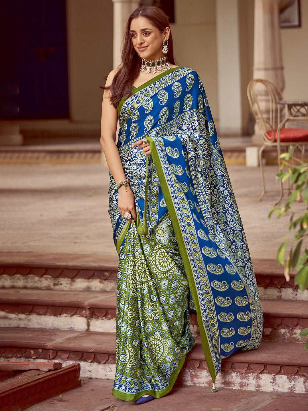 Blue New Ajrakh Printed Satin Crepe Saree