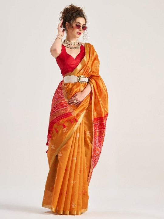 Orange Patola Handloom Saree With Fancy Blouse