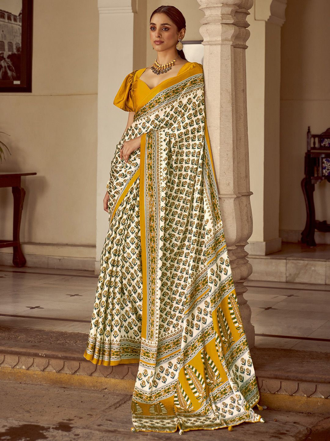 Snowy White New Ajrakh Printed Satin Crepe Saree