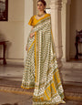 Snowy White New Ajrakh Printed Satin Crepe Saree