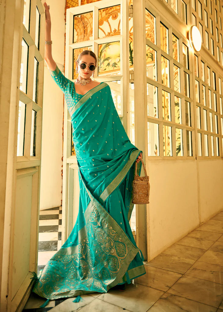 Aqua Green Traditional Banarasi Satin Silk Saree