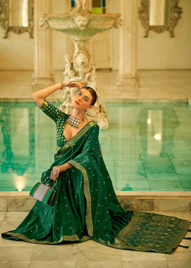 Dark Green Traditional Banarasi Satin Silk Saree