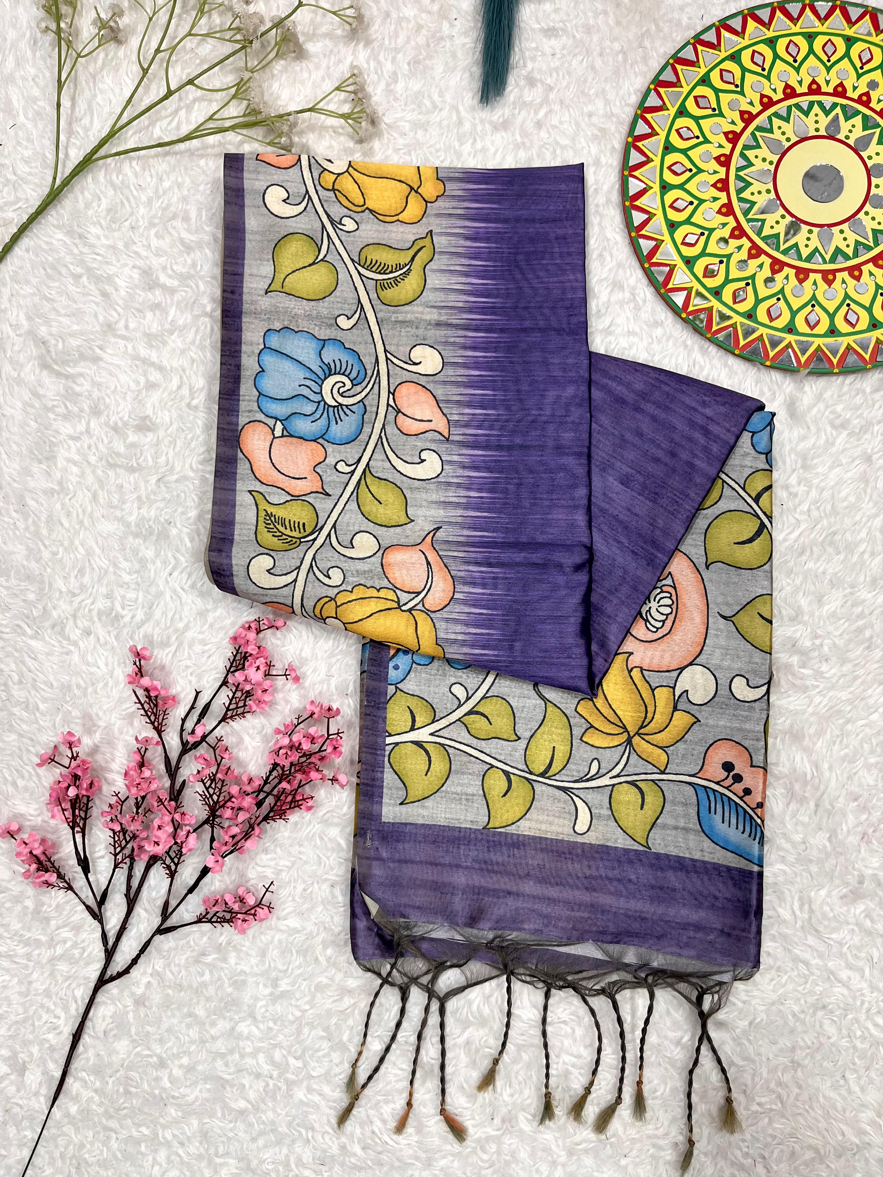 Autumn Purple Tussar Silk Kalamkari Printed Saree With Blouse