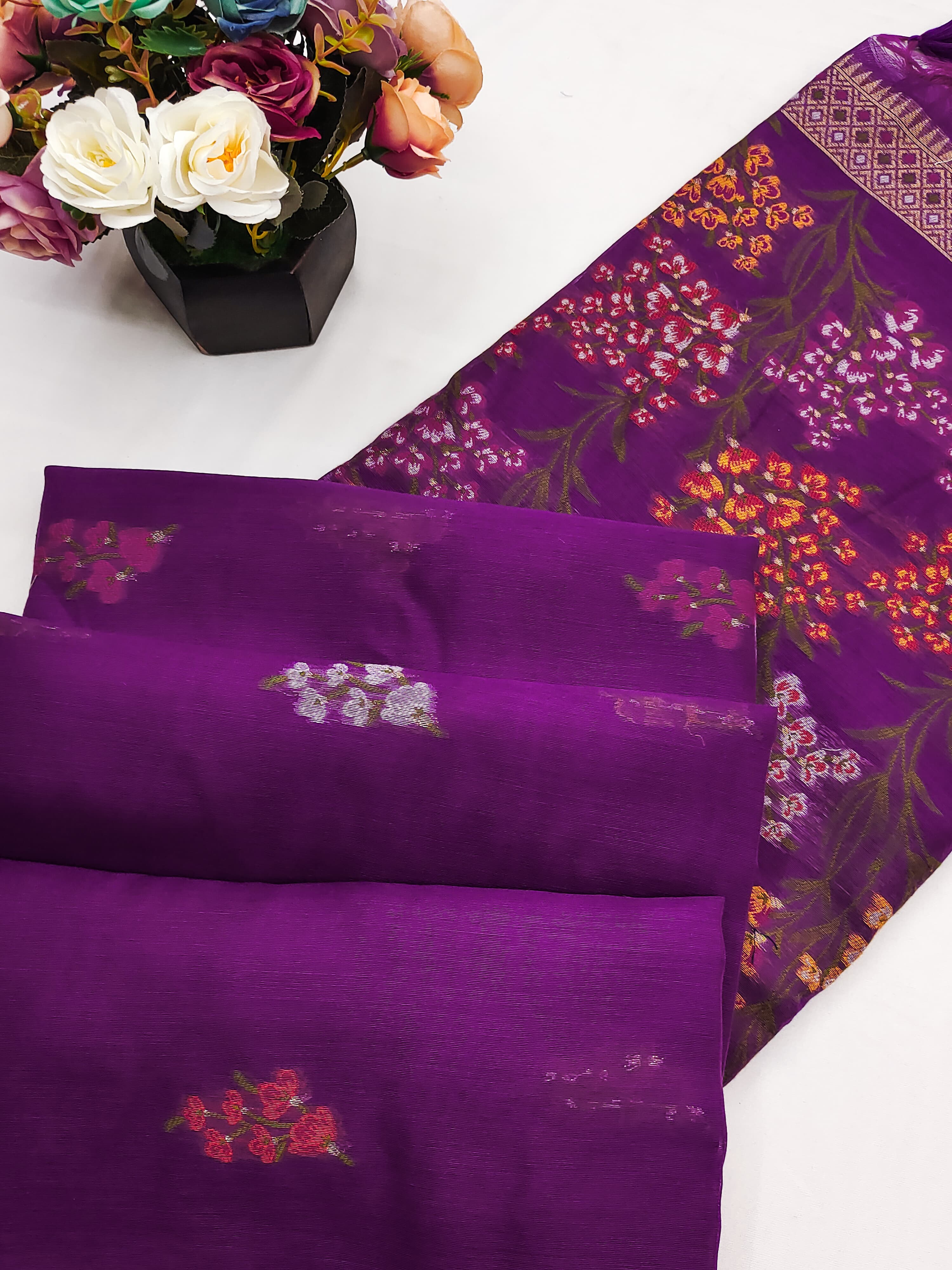 Purple Handloom Cotton Soft Silk Saree With Blouse