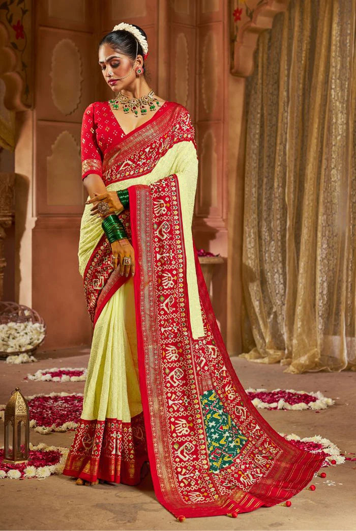 Leman Embroidery Chikankari Patola Handloom Saree with Contrass Blouse