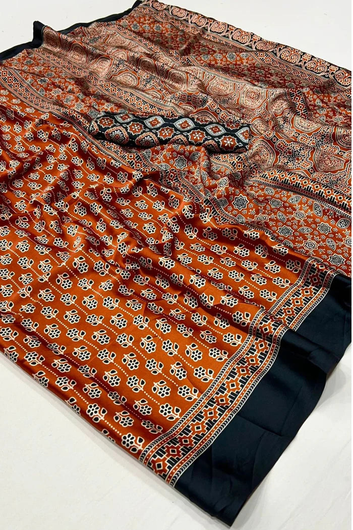 Brown Printed Ajrakh Satin Crepe Saree A2