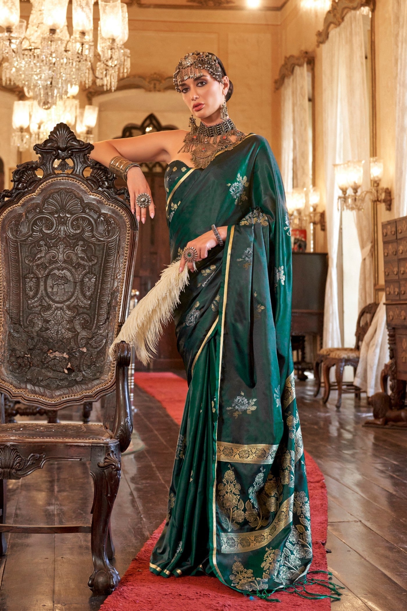 Jungle Green Banarasi Satin Soft Silk Saree